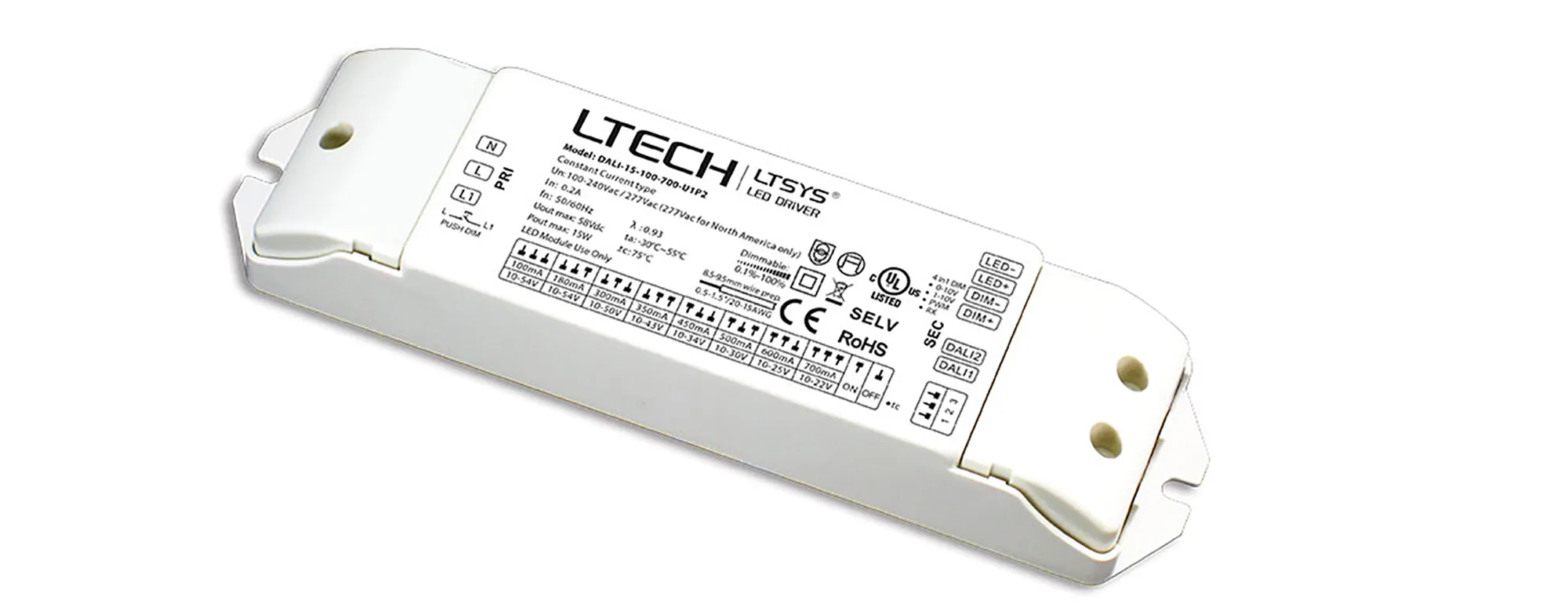 DALI, 0/1-10V, PWM, RX, Push Dim 1-25W Current Dimmable Driver.150-900mA adjustable, Class II, 0-100% Dim, PWM digital dimming, IP20.